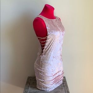 Velvet Blush Pink Mini Dress w Tie Up Sides